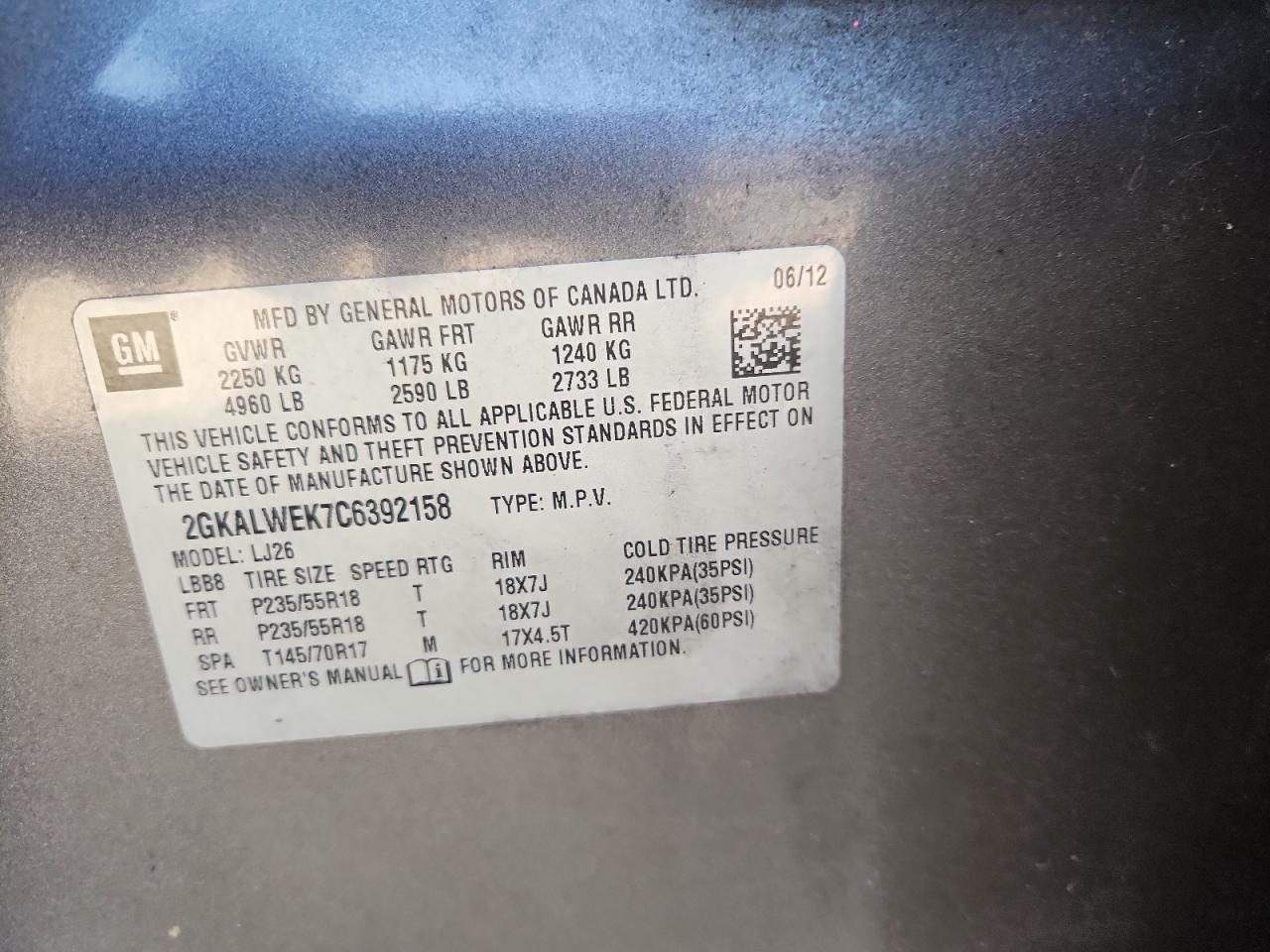 2012 GMC Terrain Slt VIN: 2GKALWEK7C6392158 Lot: 90437665