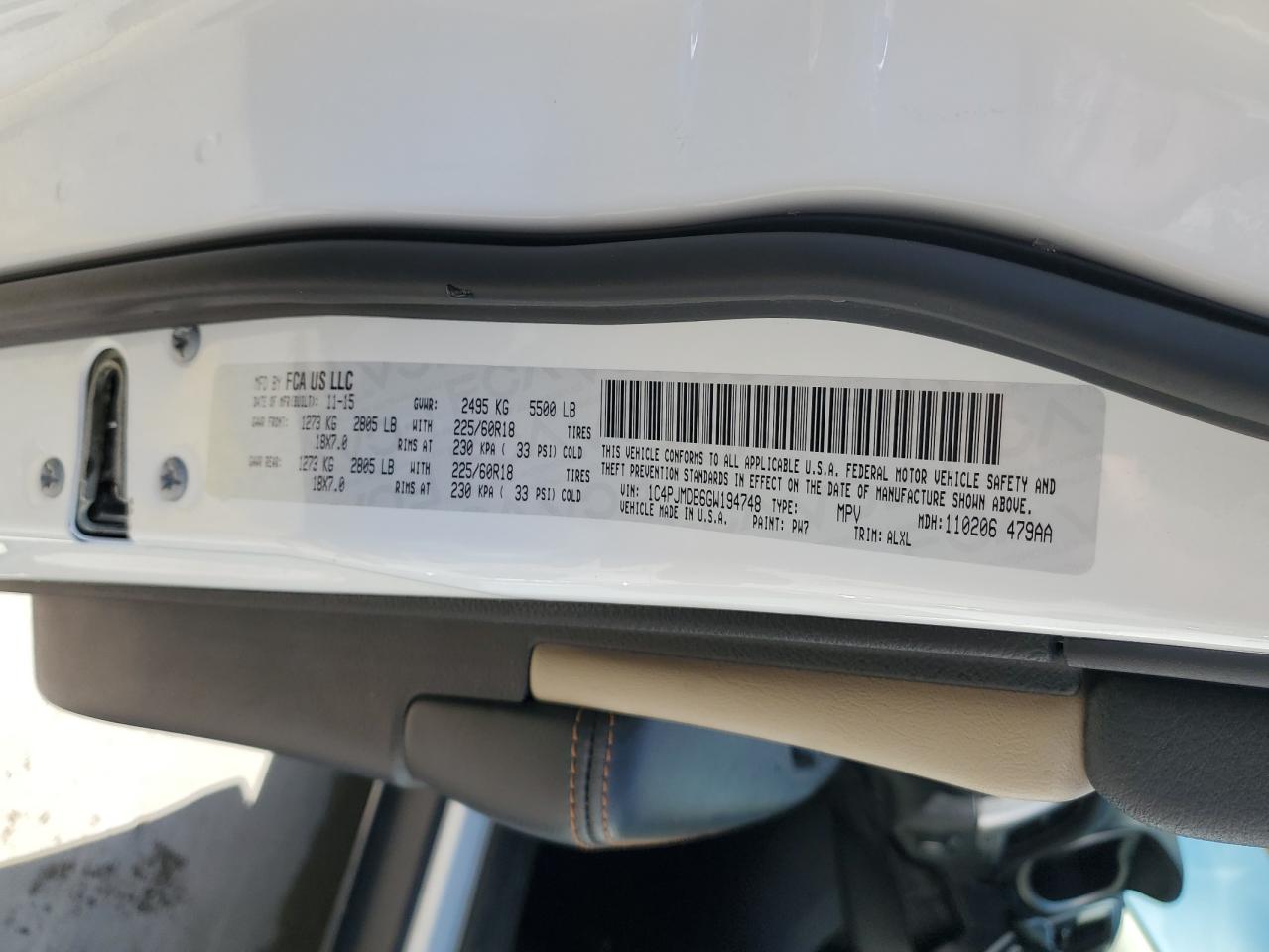 2016 Jeep Cherokee Limited VIN: 1C4PJMDB6GW194748 Lot: 87017675