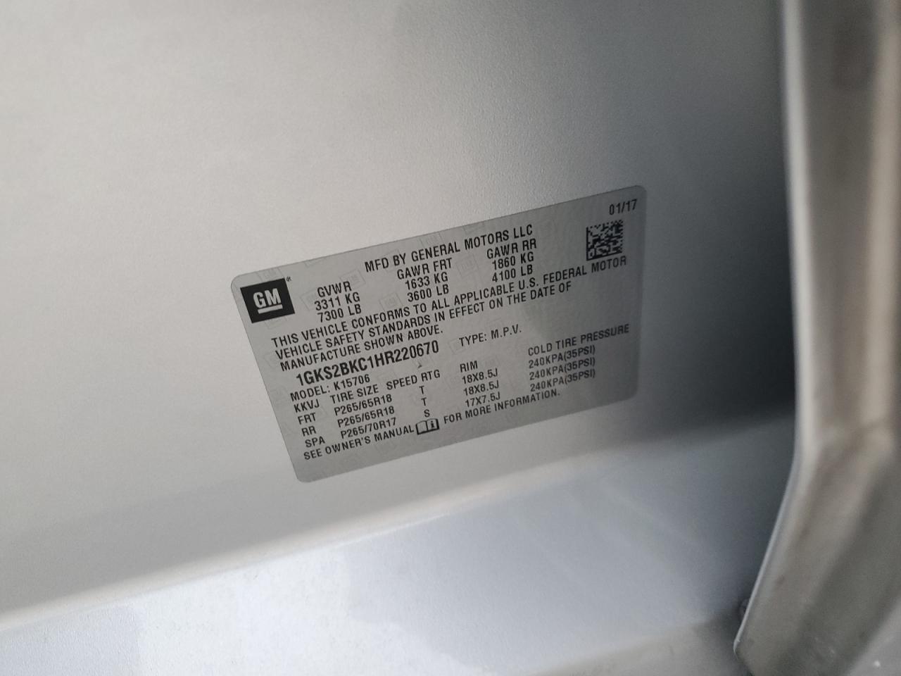 2017 GMC Yukon Slt VIN: 1GKS2BKC1HR220670 Lot: 89642445