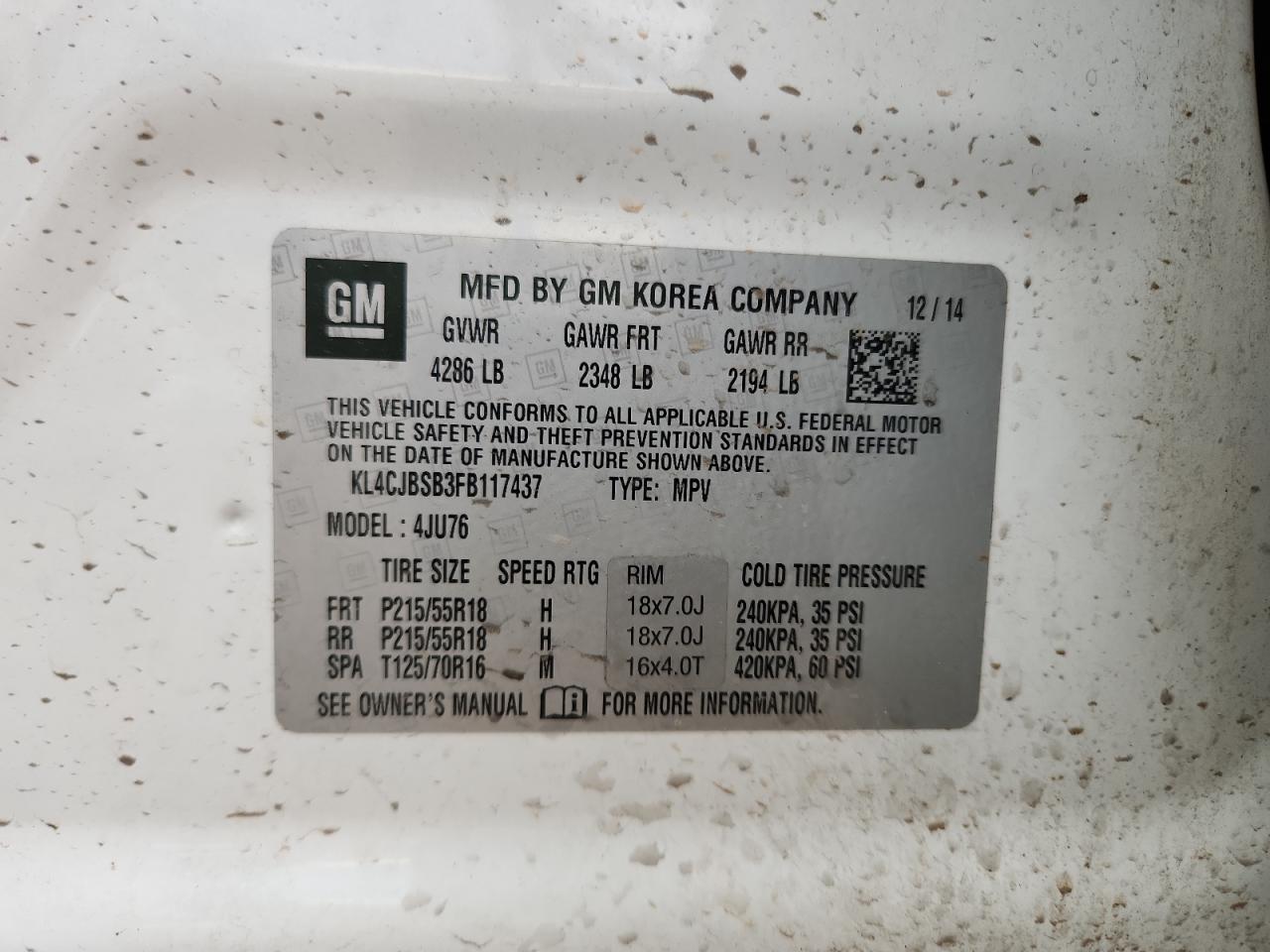 2015 Buick Encore Convenience VIN: KL4CJBSB3FB117437 Lot: 89669775