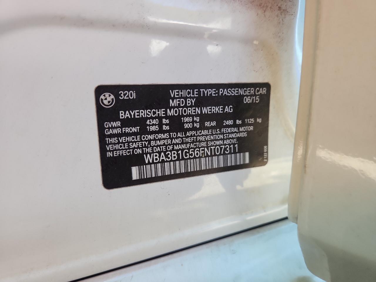 2015 BMW 320 I VIN: WBA3B1G56FNT07311 Lot: 82003445
