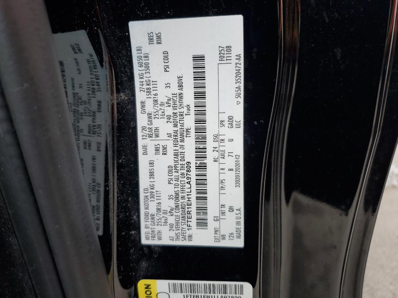 2020 Ford Ranger Xl VIN: 1FTER1EH1LLA97809 Lot: 85894075