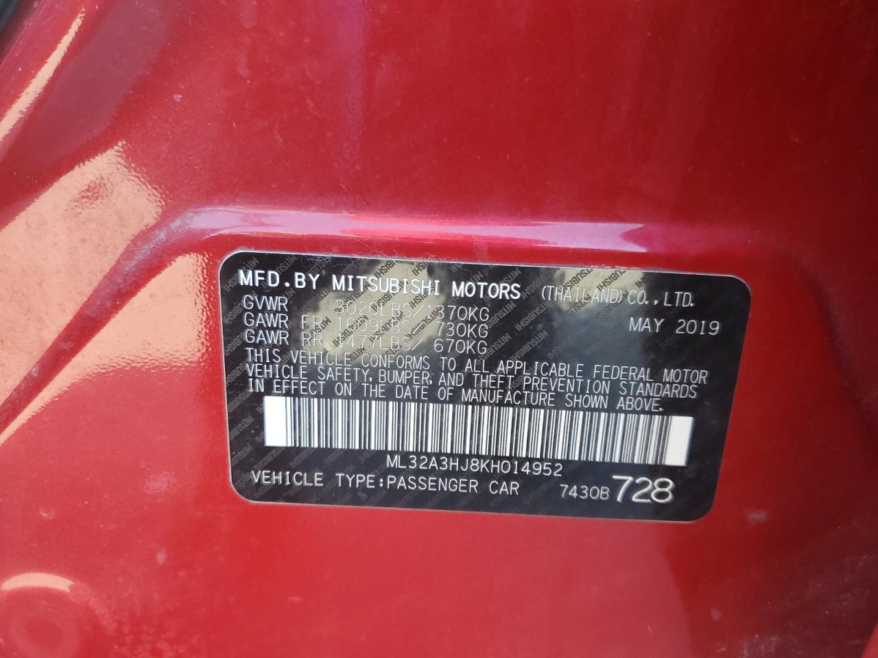 2019 Mitsubishi Mirage Es VIN: ML32A3HJ8KH014952 Lot: 85299485