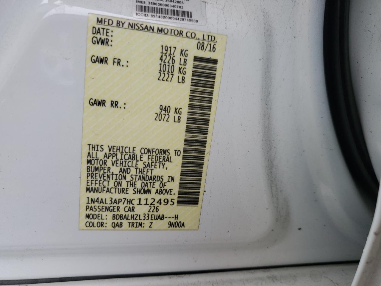 2017 Nissan Altima 2.5 VIN: 1N4AL3AP7HC112495 Lot: 86550165