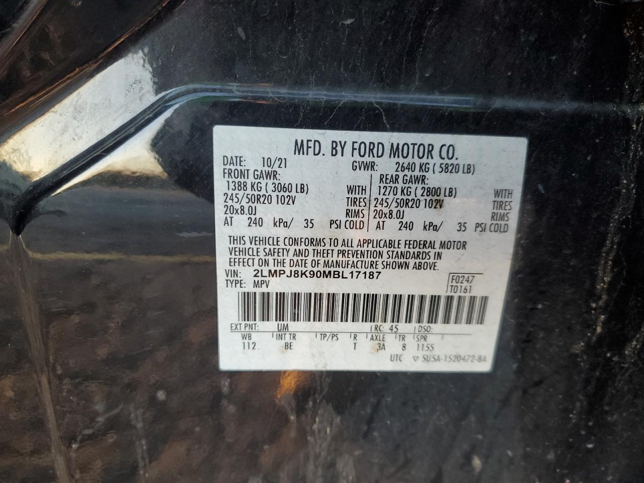 2021 Lincoln Nautilus Reserve VIN: 2LMPJ8K90MBL17187 Lot: 87066835