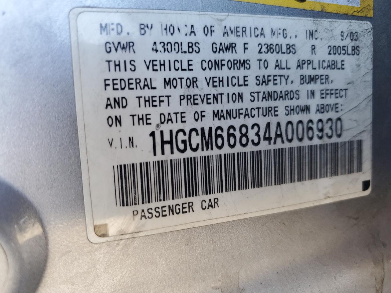2004 Honda Accord Ex VIN: 1HGCM66834A006930 Lot: 84947275