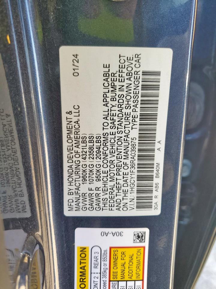 2024 Honda Accord Ex VIN: 1HGCY1F36RA039875 Lot: 86711675