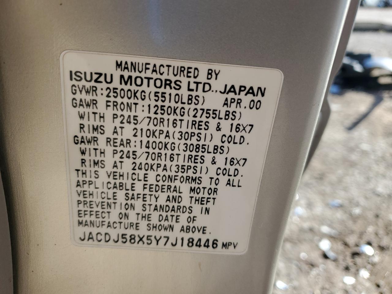 2000 Isuzu Trooper S VIN: JACDJ58X5Y7J18446 Lot: 82622185