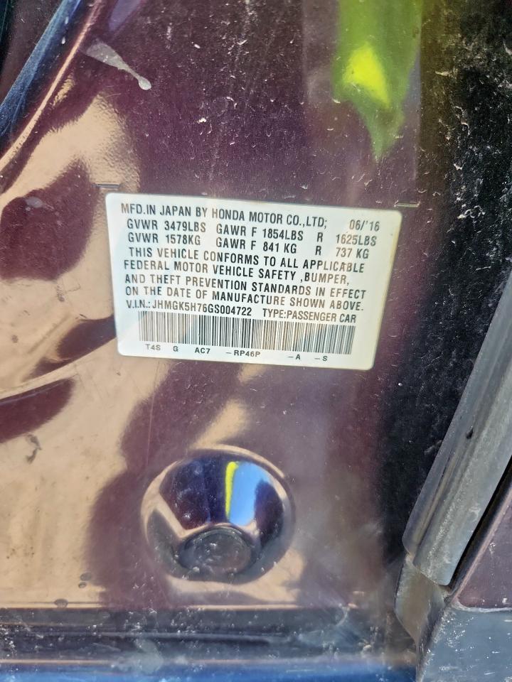 2016 Honda Fit Ex VIN: JHMGK5H76GS004722 Lot: 86185245