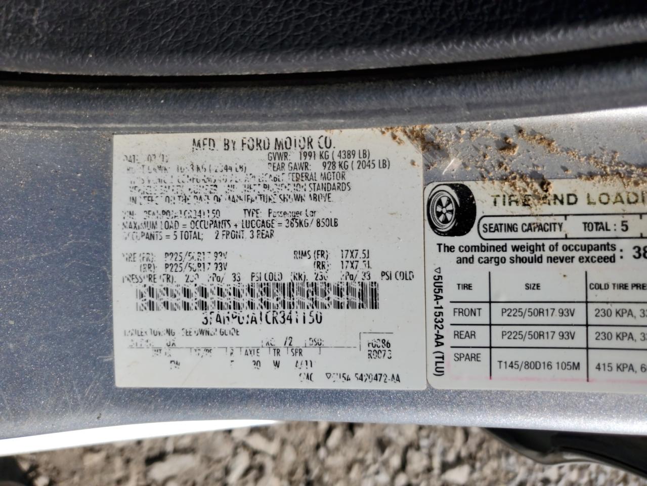 2012 Ford Fusion Sel VIN: 3FAHP0JA1CR341150 Lot: 82218225