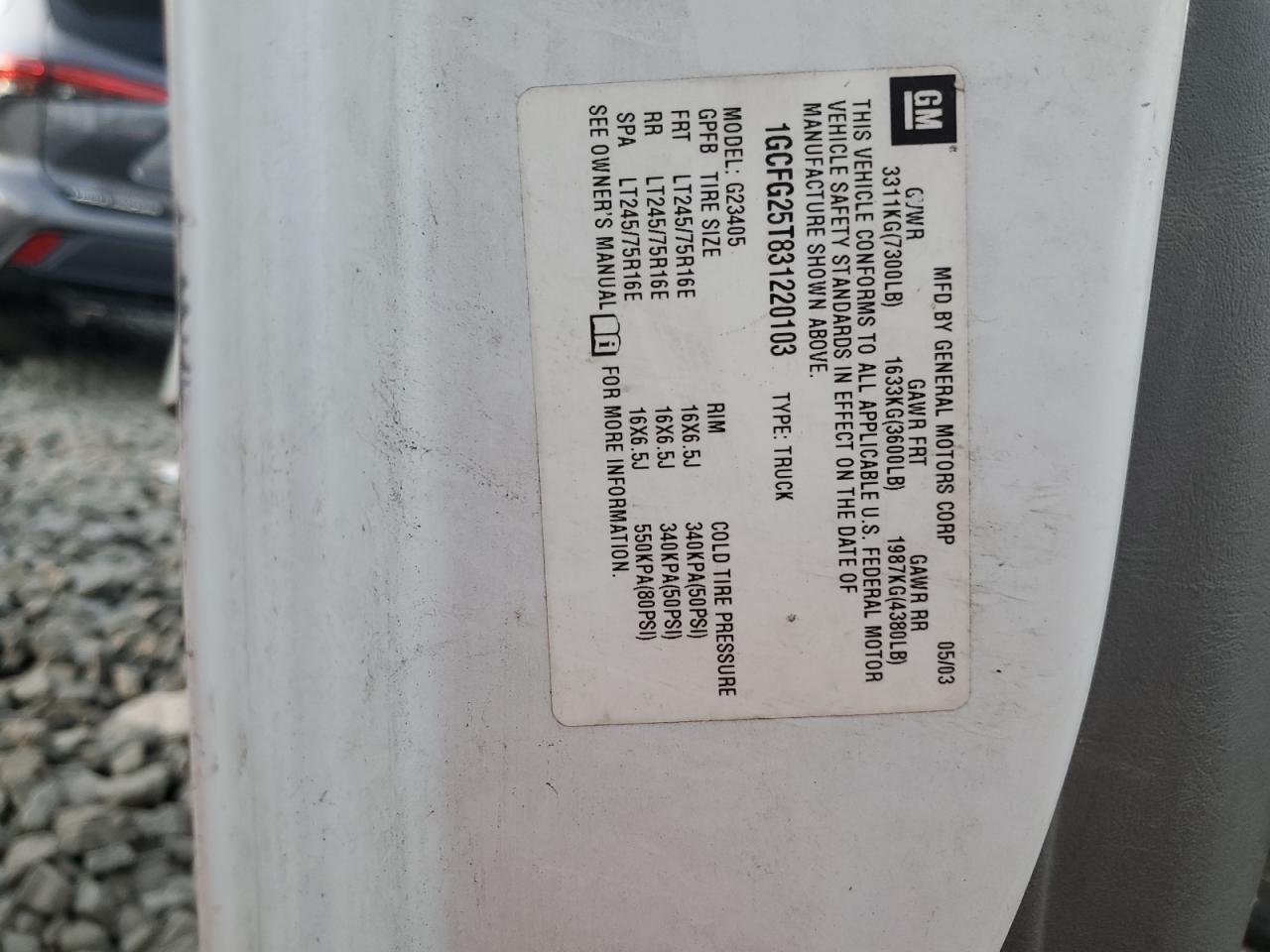 2003 Chevrolet Express G2500 VIN: 1GCFG25T831220103 Lot: 84819985