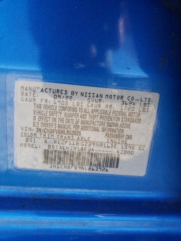 2022 Nissan Versa Sr VIN: 3N1CN8FV9NL863926 Lot: 86074895