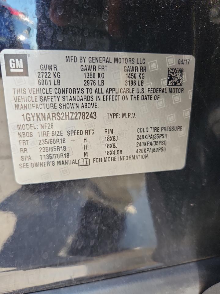 2017 Cadillac Xt5 VIN: 1GYKNARS2HZ278243 Lot: 81934605