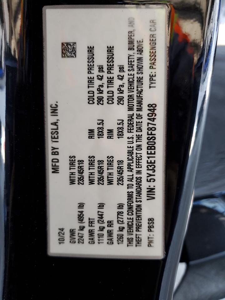 2025 Tesla Model 3 VIN: 5YJ3E1EB0SF874948 Lot: 85569235