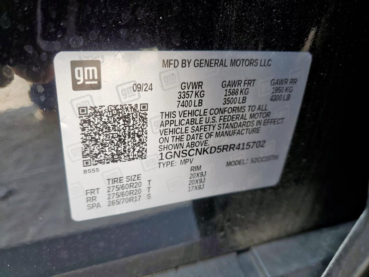 2024 Chevrolet Tahoe C1500 Lt VIN: 1GNSCNKD5RR415702 Lot: 82008505