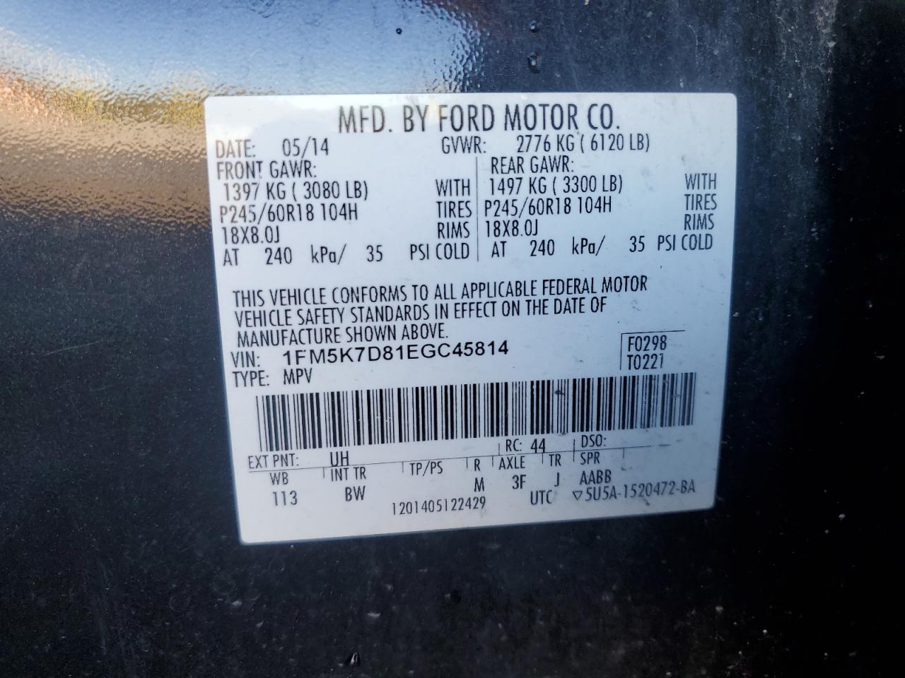 2014 Ford Explorer Xlt VIN: 1FM5K7D81EGC45814 Lot: 82606335