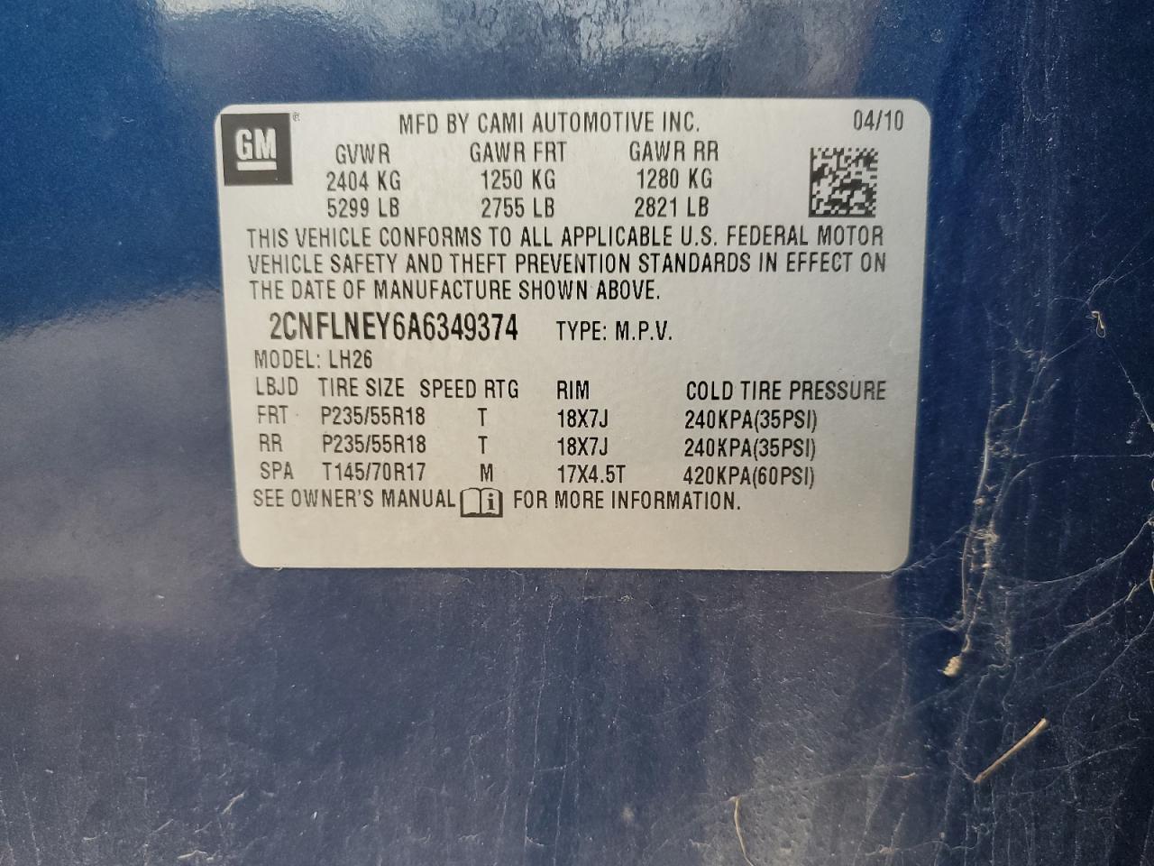 2010 Chevrolet Equinox Lt VIN: 2CNFLNEY6A6349374 Lot: 85149075