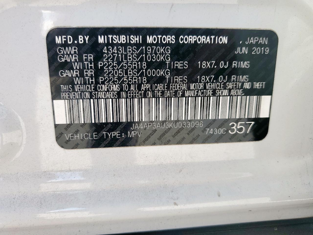 2019 Mitsubishi Outlander Sport Es VIN: JA4AP3AU3KU033096 Lot: 82394665