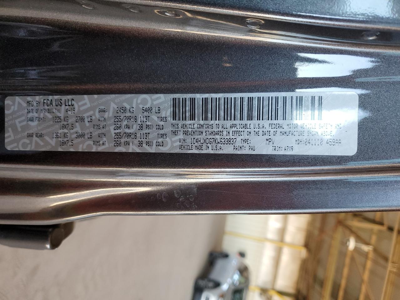 2019 Jeep Wrangler Unlimited Sport VIN: 1C4HJXDG7KW633837 Lot: 84274505