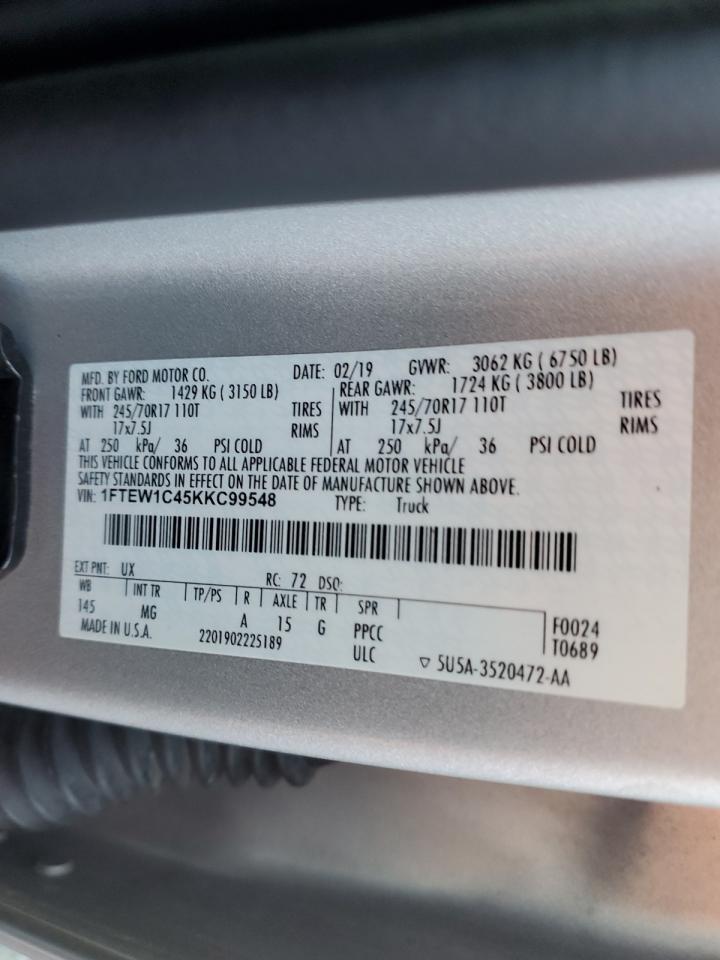 2019 Ford F150 Supercrew VIN: 1FTEW1C45KKC99548 Lot: 87262065