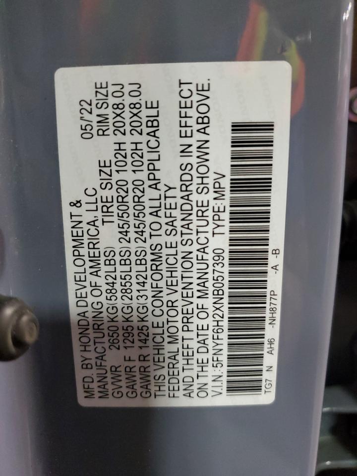 2022 Honda Pilot Se VIN: 5FNYF6H2XNB057390 Lot: 86272355