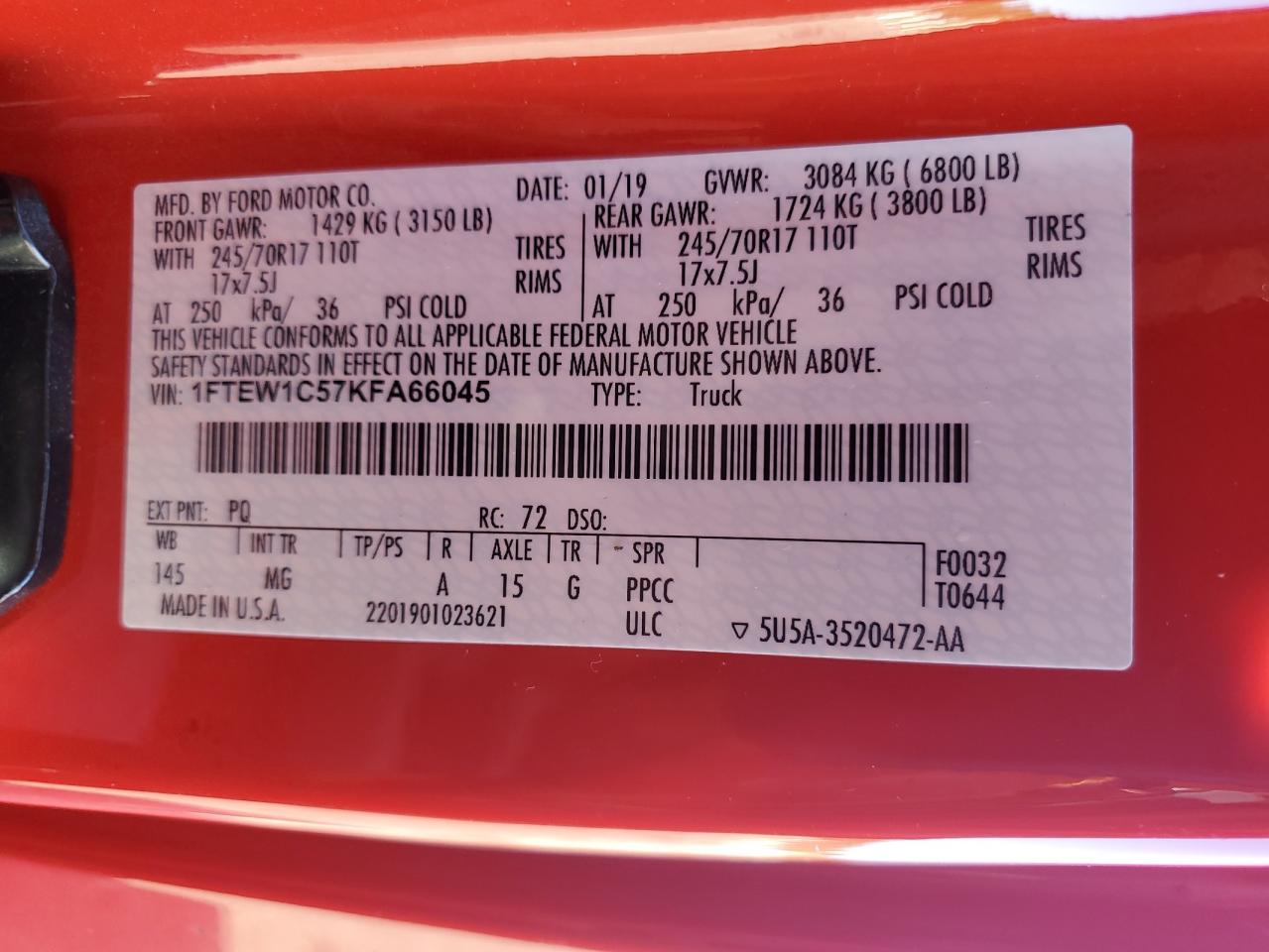 2019 Ford F150 Supercrew VIN: 1FTEW1C57KFA66045 Lot: 87302285