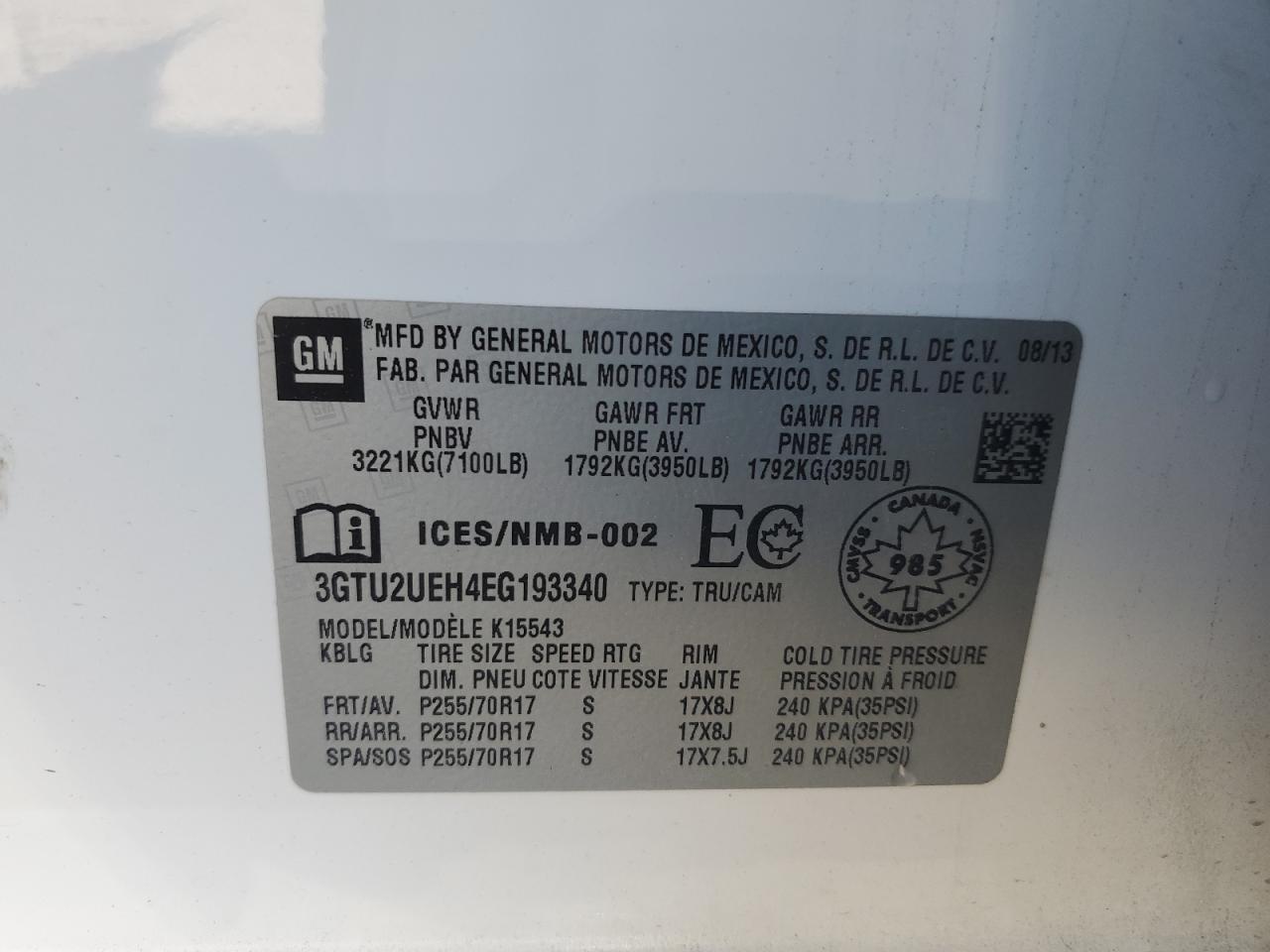 2014 GMC Sierra K1500 Sle VIN: 3GTU2UEH4EG193340 Lot: 85832235