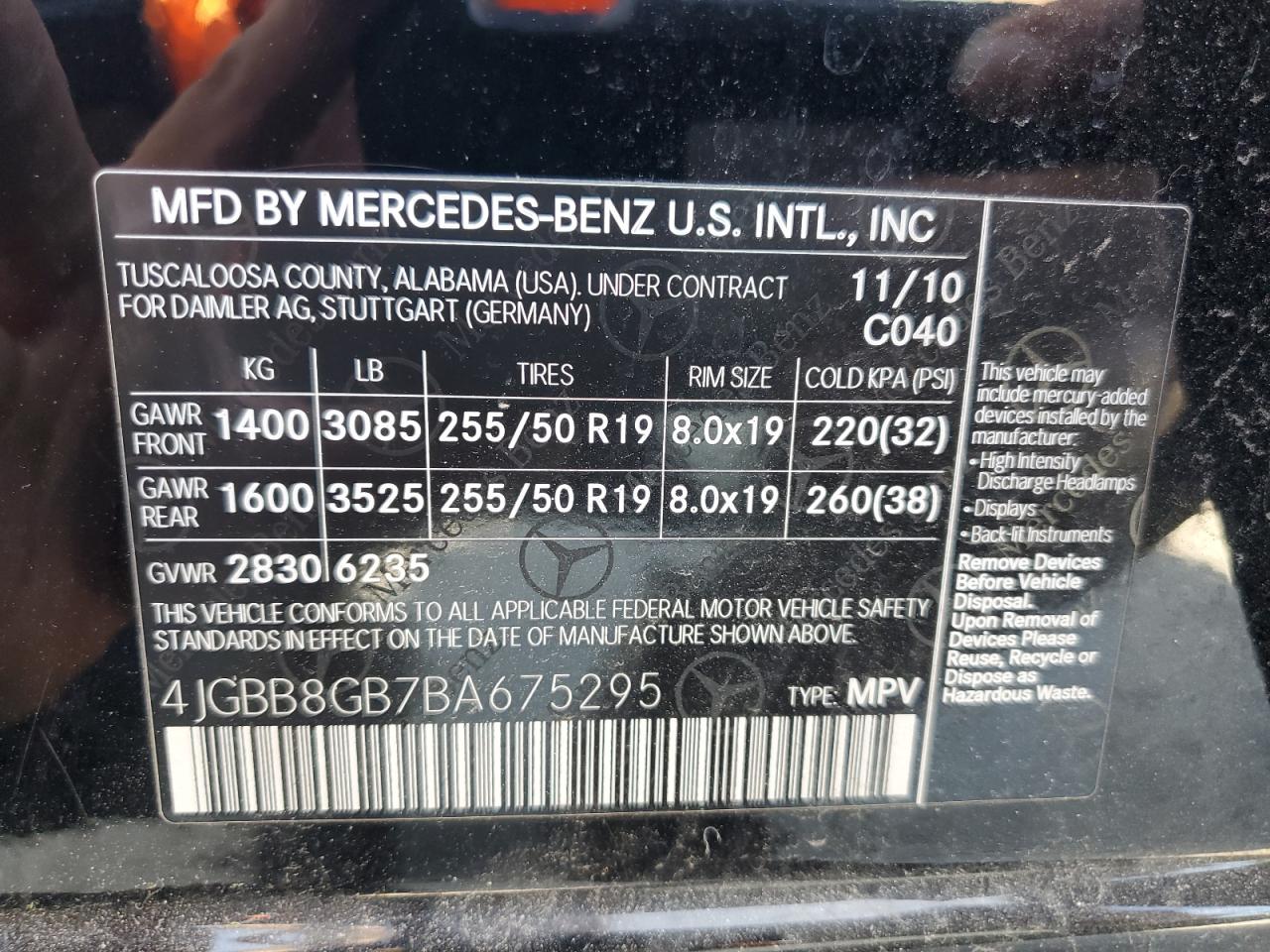 2011 Mercedes-Benz Ml 350 4Matic VIN: 4JGBB8GB7BA675295 Lot: 87247325