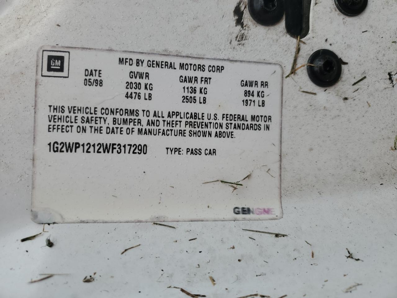 1998 Pontiac Grand Prix Gtp VIN: 1G2WP1212WF317290 Lot: 89783305