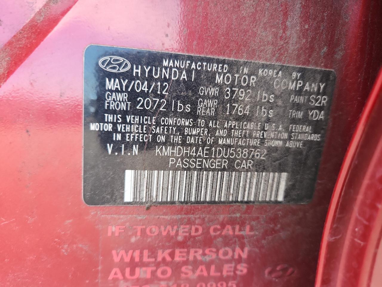 2013 Hyundai Elantra Gls VIN: KMHDH4AE1DU538762 Lot: 85318345