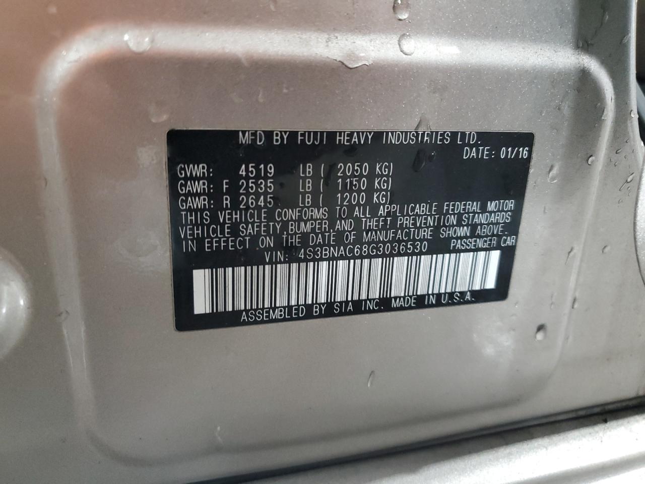 2016 Subaru Legacy 2.5I Premium VIN: 4S3BNAC68G3036530 Lot: 85744525