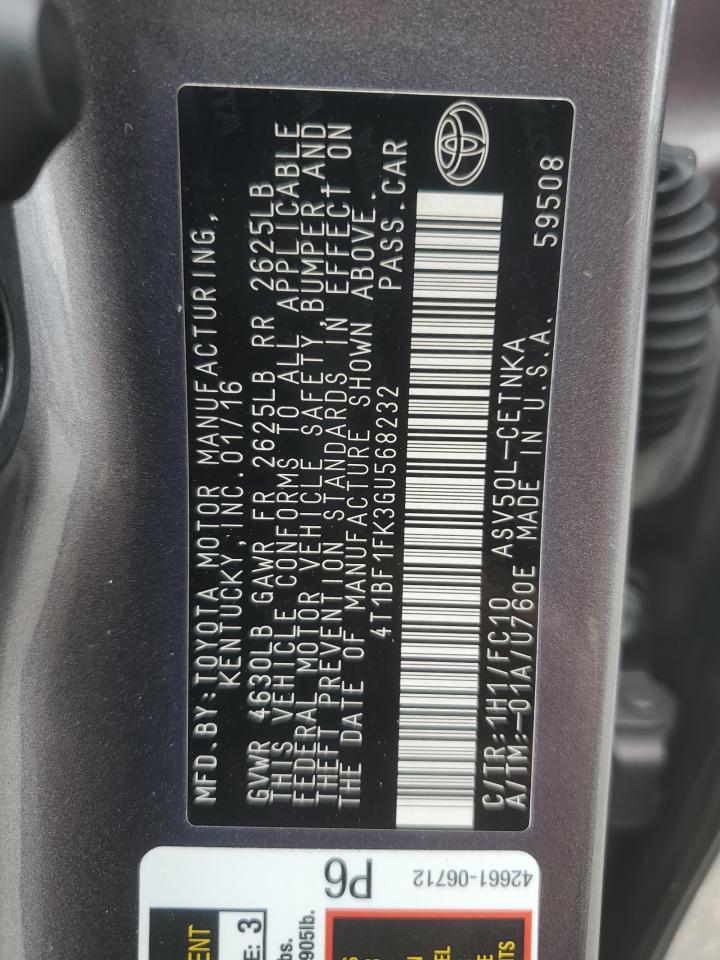 2016 Toyota Camry Le VIN: 4T1BF1FK3GU568232 Lot: 85549255