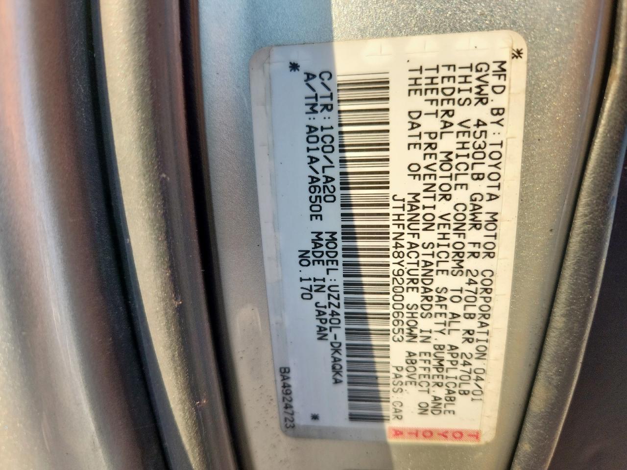 2002 Lexus Sc 430 VIN: JTHFN48Y920006653 Lot: 85342265