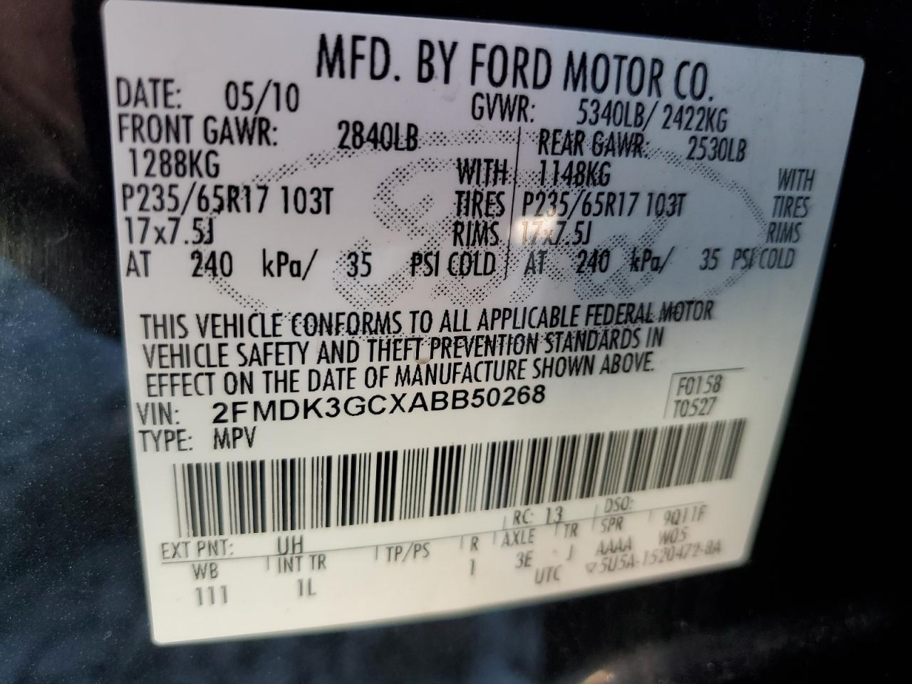 2010 Ford Edge Se VIN: 2FMDK3GCXABB50268 Lot: 85384095
