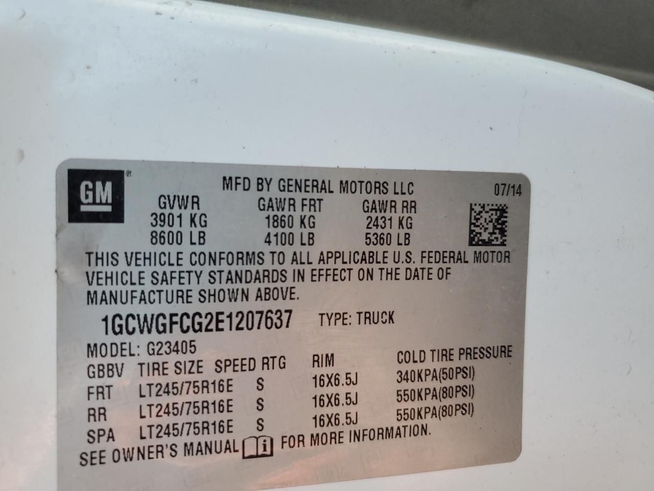 2014 Chevrolet Express G2500 VIN: 1GCWGFCG2E1207637 Lot: 82378605