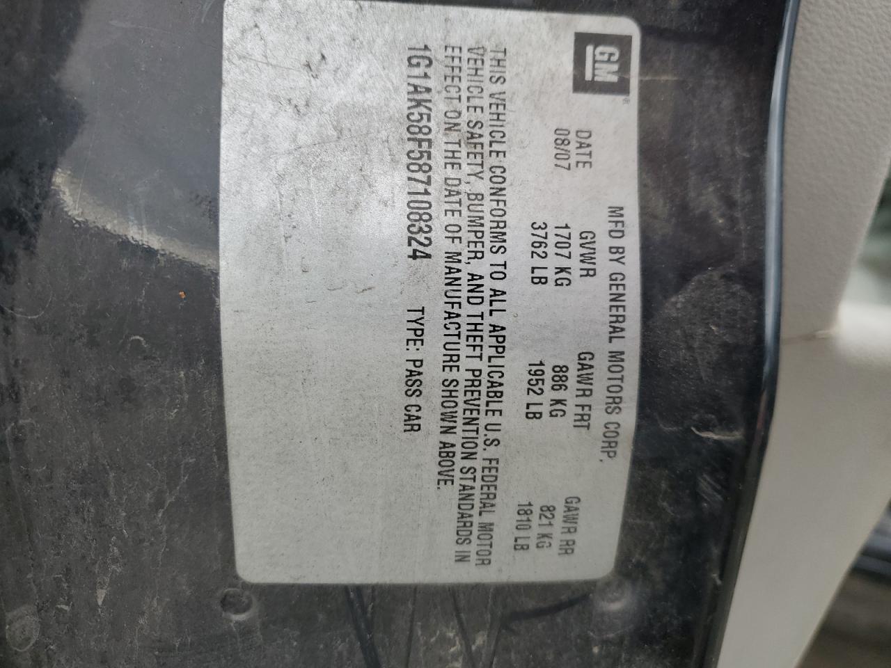 2008 Chevrolet Cobalt Ls VIN: 1G1AK58F587108324 Lot: 90370235