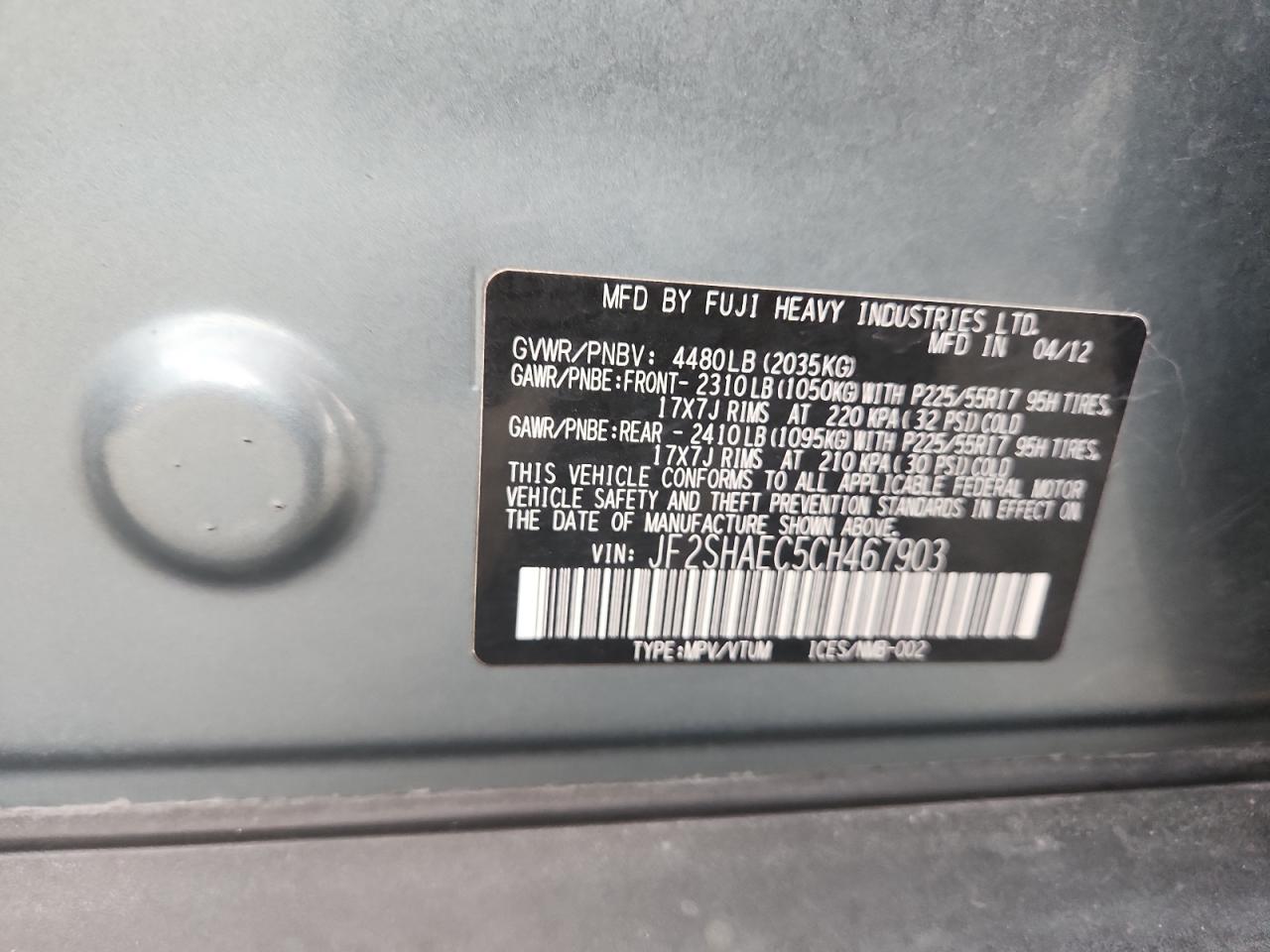 2012 Subaru Forester Limited VIN: JF2SHAEC5CH467903 Lot: 81918785