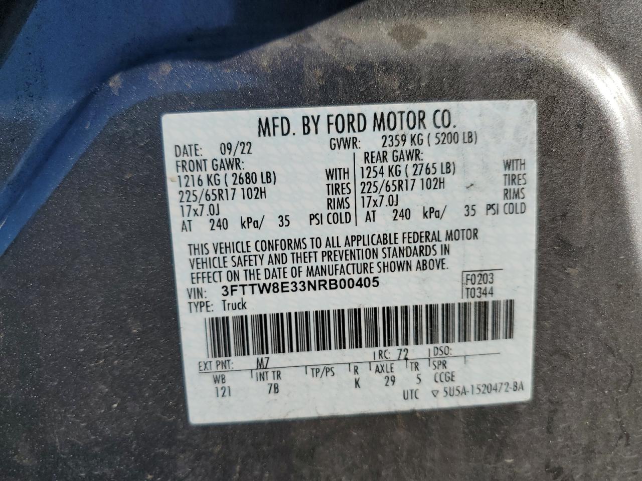 2022 Ford Maverick Xl VIN: 3FTTW8E33NRB00405 Lot: 85855065