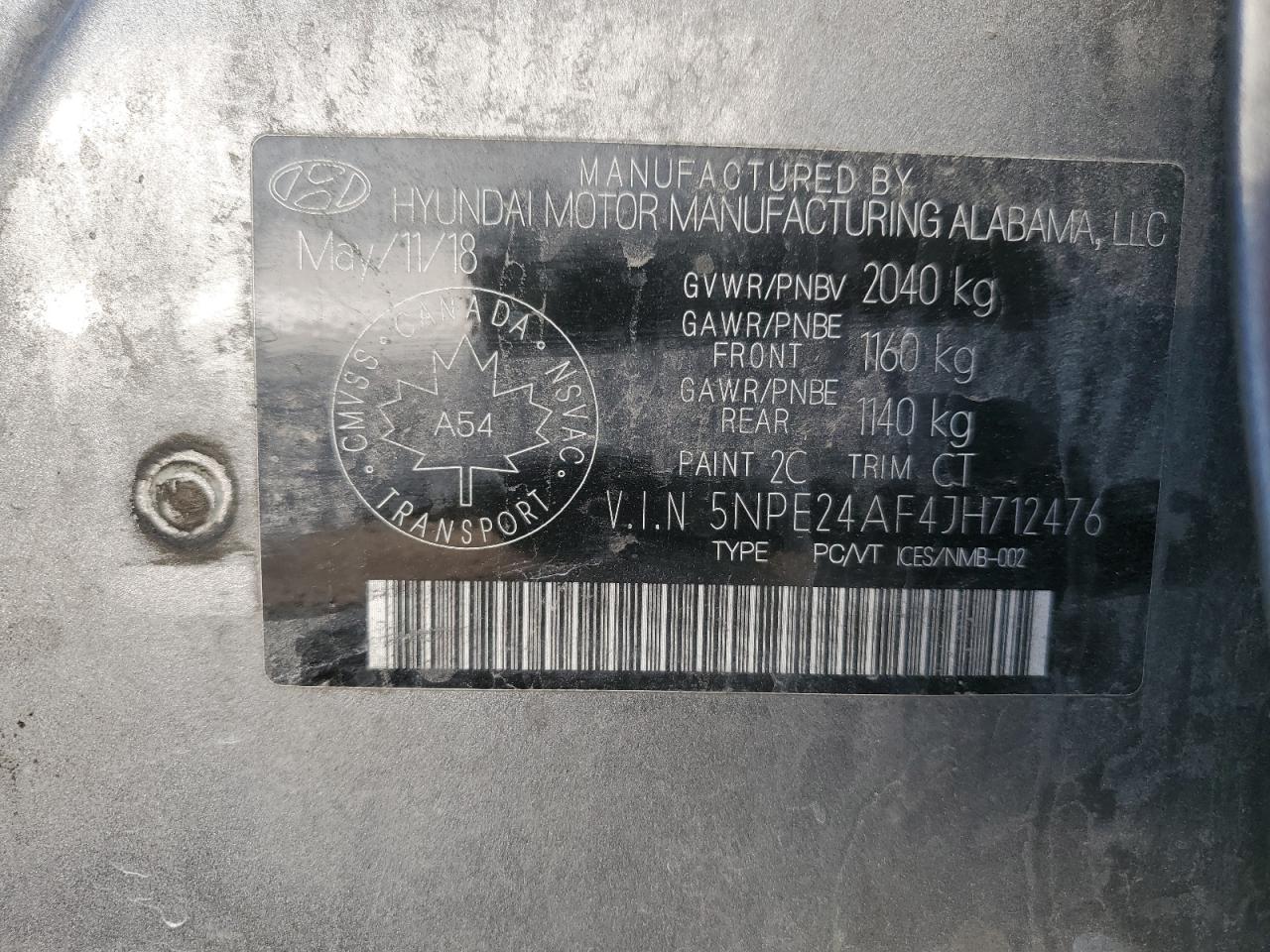 2018 Hyundai Sonata Se VIN: 5NPE24AF4JH712476 Lot: 85181745