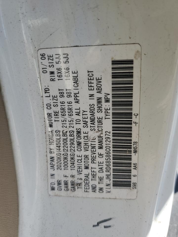 2006 Honda Cr-V Lx VIN: JHLRD68586C012972 Lot: 85582795