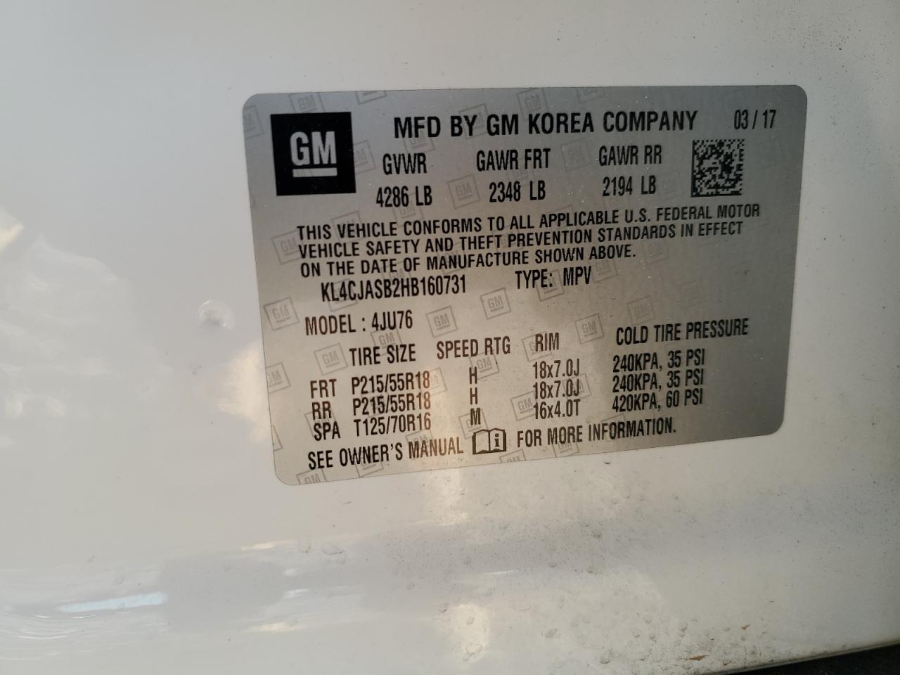 2017 Buick Encore Preferred VIN: KL4CJASB2HB160731 Lot: 86195485