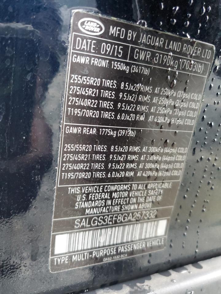 2016 Land Rover Range Rover Supercharged VIN: SALGS3EF8GA257332 Lot: 89902895