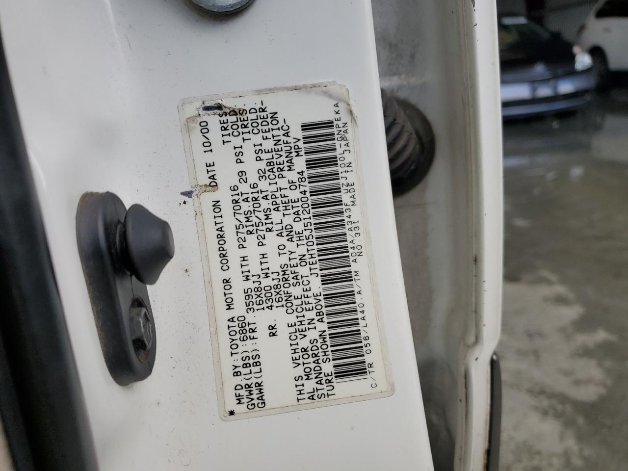 2001 Toyota Land Cruiser VIN: JTEHT05J512004784 Lot: 86498335