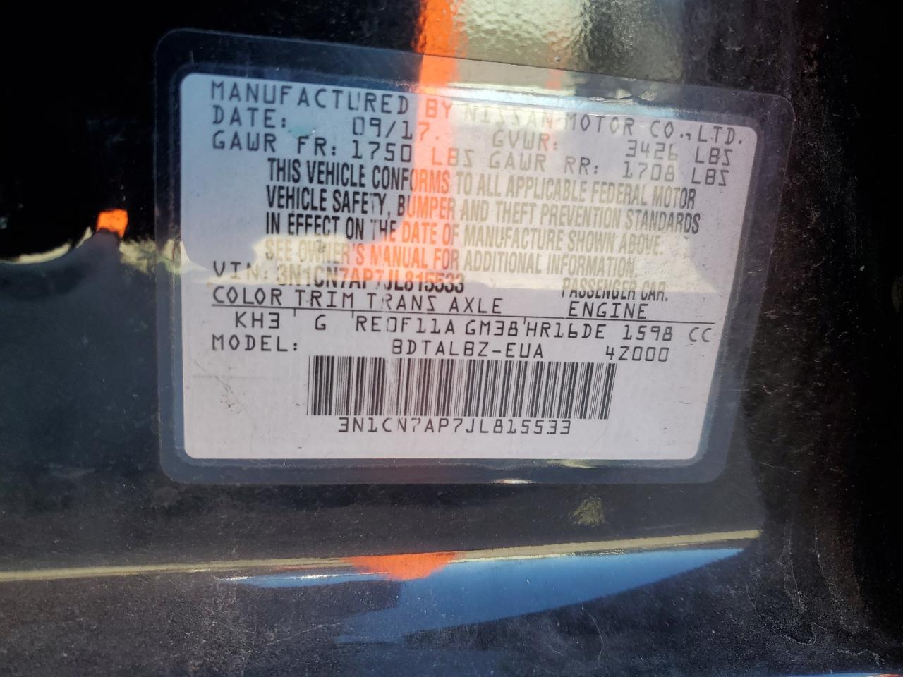 2018 Nissan Versa S VIN: 3N1CN7AP7JL815533 Lot: 82309415