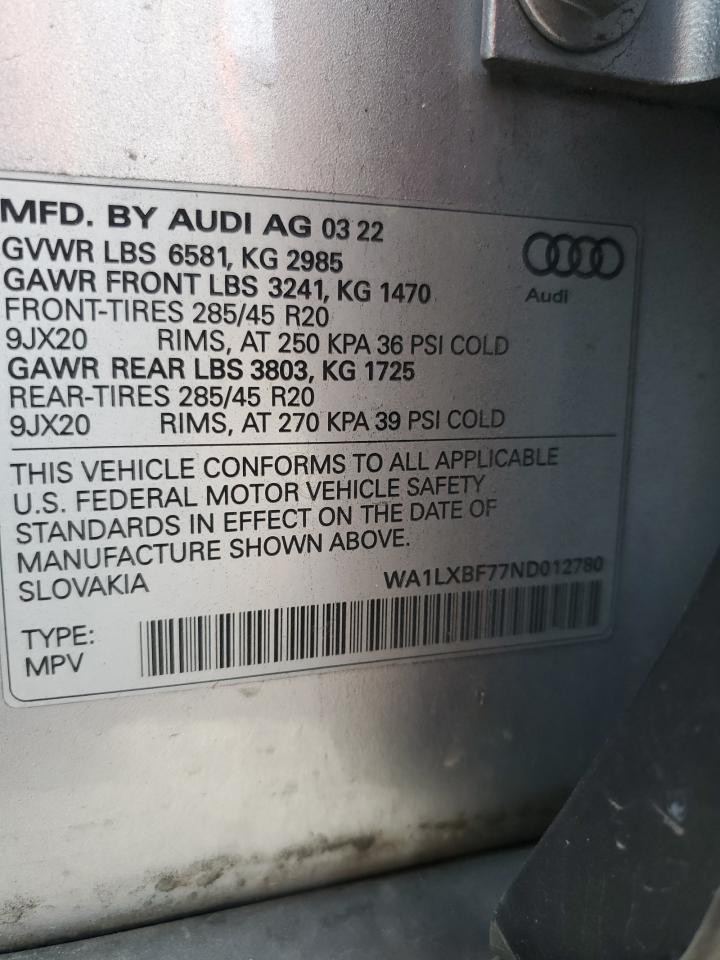 2022 Audi Q7 Premium Plus VIN: WA1LXBF77ND012780 Lot: 90220525