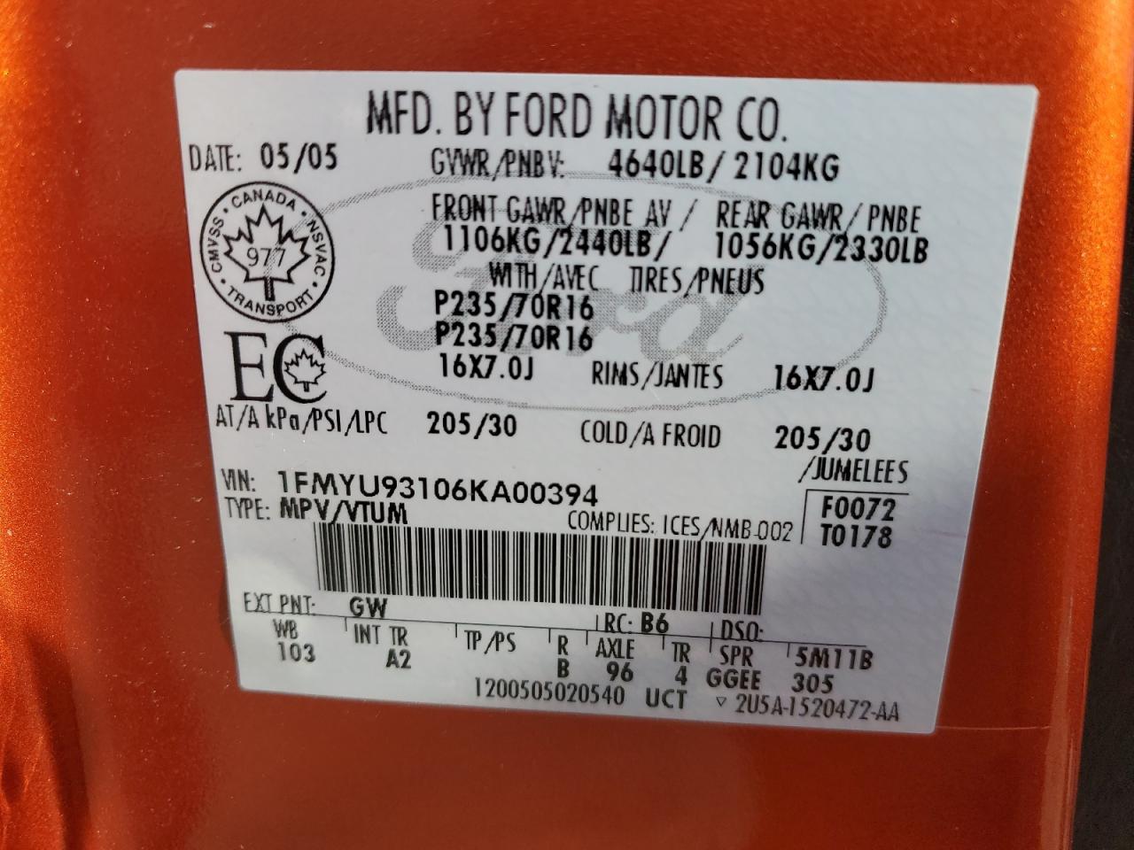 2006 Ford Escape Xlt VIN: 1FMYU93106KA00394 Lot: 90471275