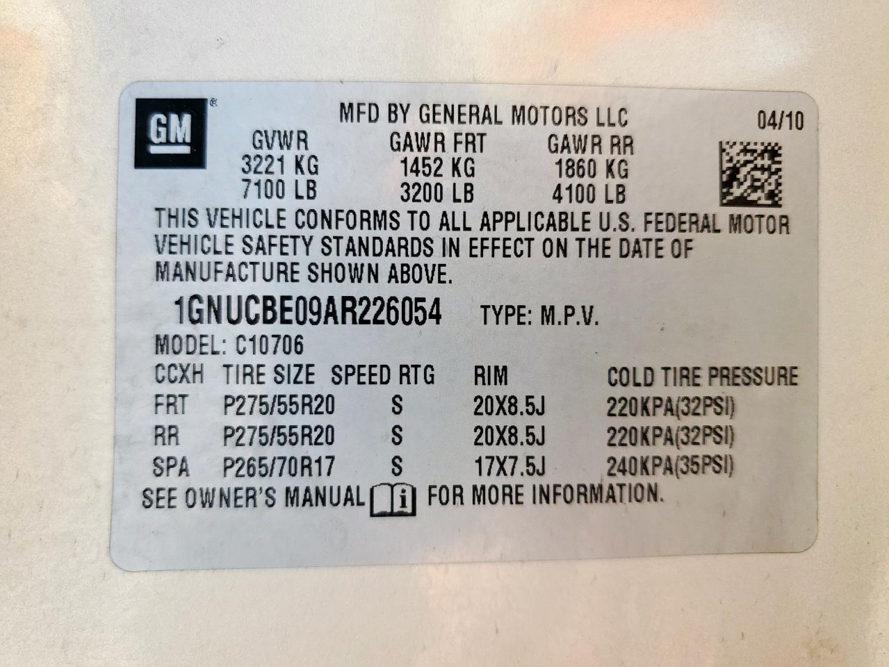2010 Chevrolet Tahoe C1500 Lt VIN: 1GNUCBE09AR226054 Lot: 84646105