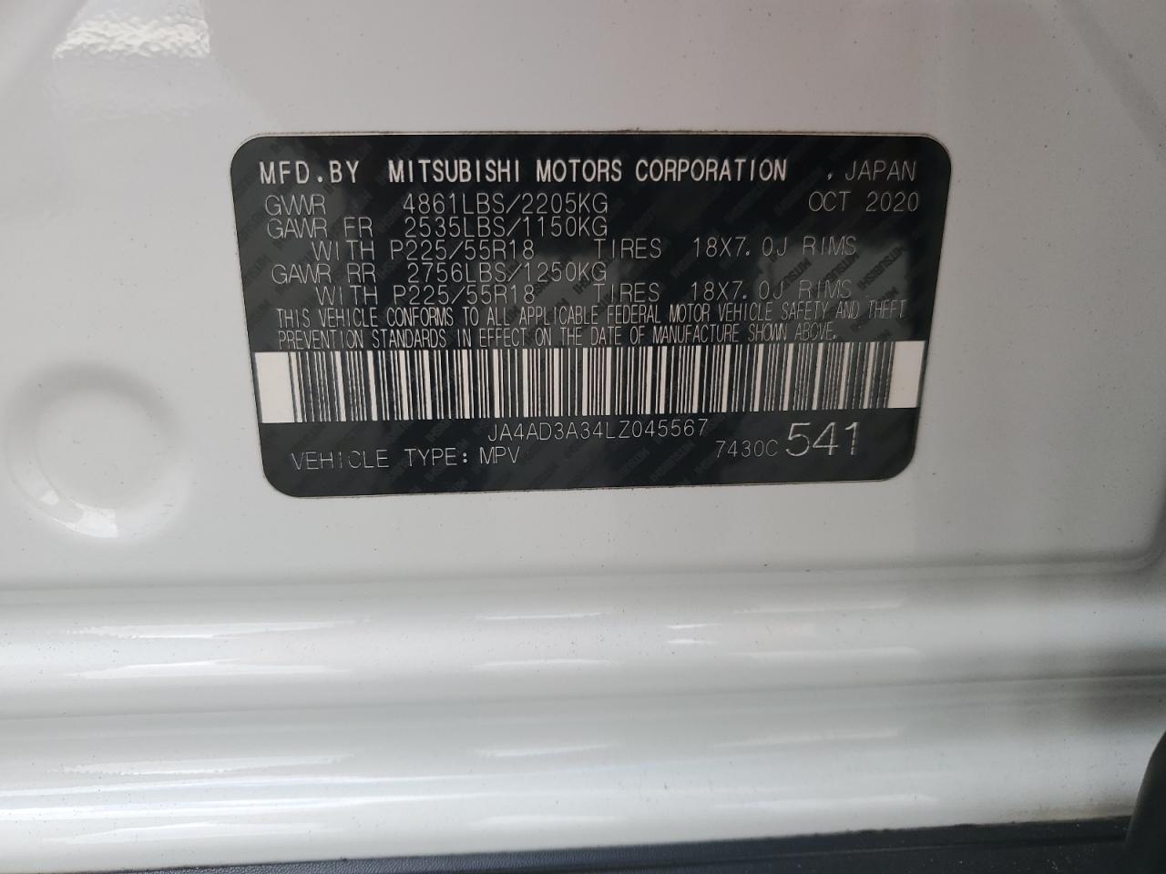 2020 Mitsubishi Outlander Se VIN: JA4AD3A34LZ045567 Lot: 84946465