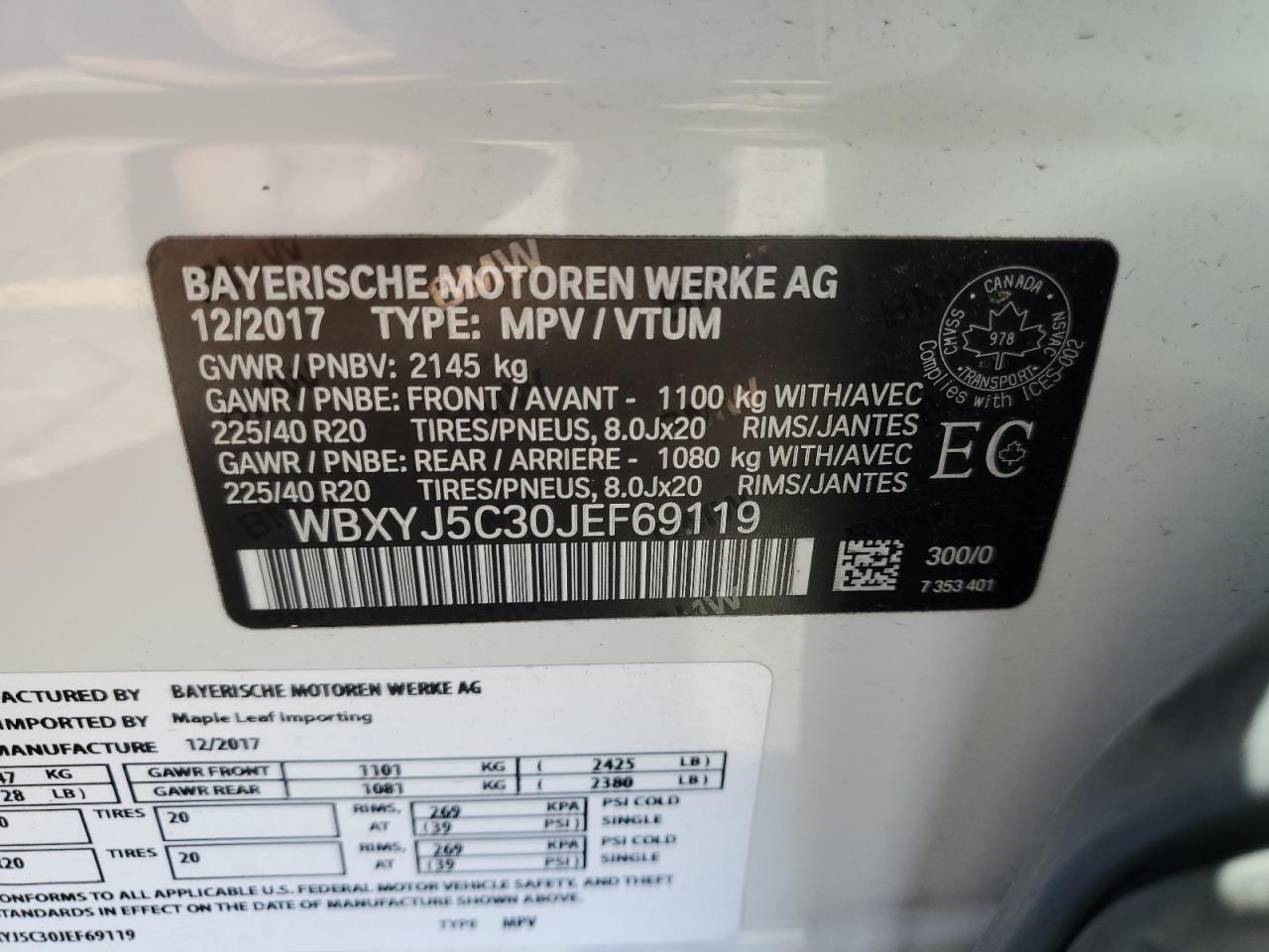 2018 BMW X2 xDrive28I VIN: WBXYJ5C30JEF69119 Lot: 84301555