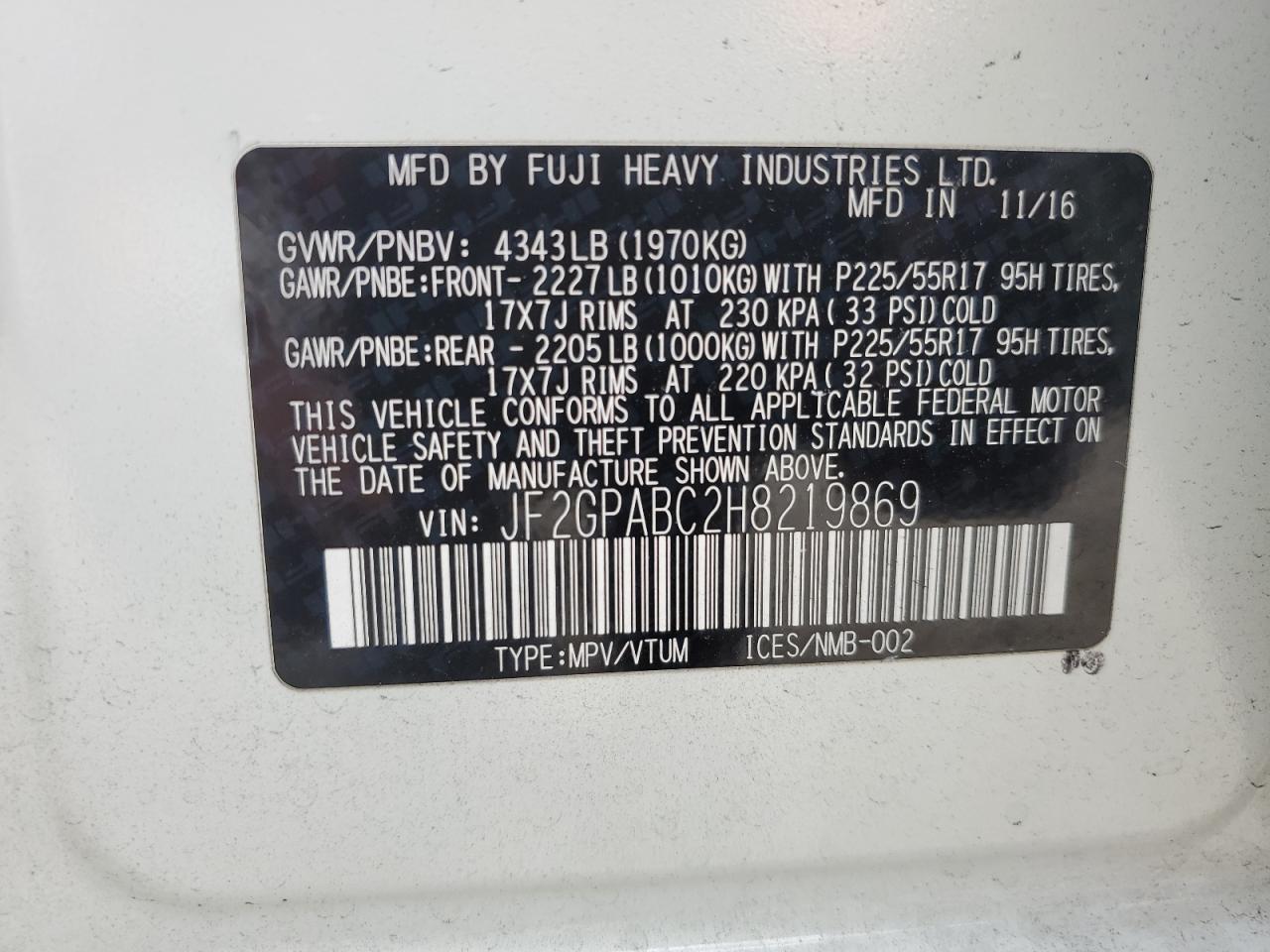 2017 Subaru Crosstrek Premium VIN: JF2GPABC2H8219869 Lot: 86116695